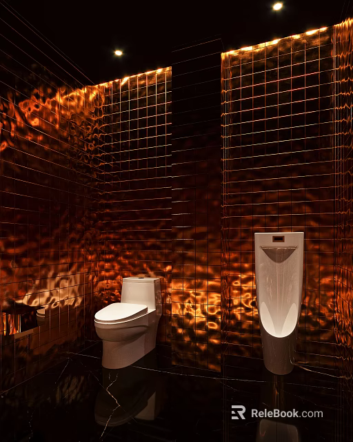 Public Restroom Interior Featuring Golden Tiled Walls Toilet Urinal And Reflected Light Patterns 3d model 