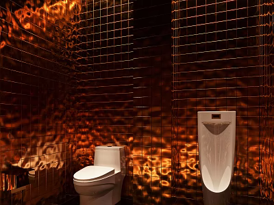 Public Restroom Interior Featuring Golden Tiled Walls Toilet Urinal And Reflected Light Patterns 3d model