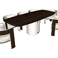 Modern Oval Dining Table Set With Black Tabletop White Base Dark Frame Light Cushion Chairs 3d model
