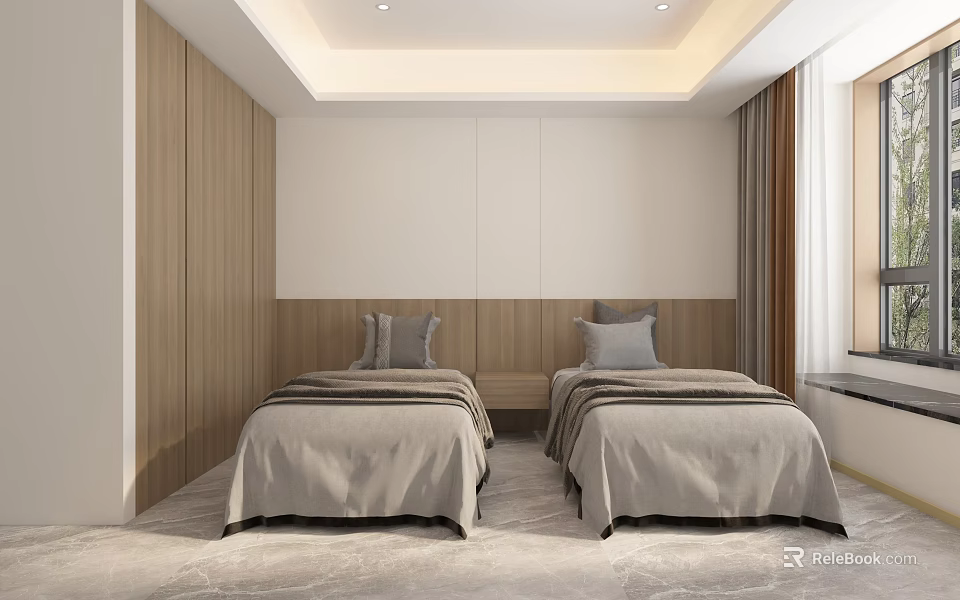 Modern Hotel Guest Room With Twin Beds Gray Pillows Wooden White Walls And Marble Flooring 3d model 