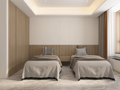 Modern Hotel Guest Room With Twin Beds Gray Pillows Wooden White Walls And Marble Flooring 3d model