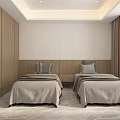 Modern Hotel Guest Room With Twin Beds Gray Pillows Wooden White Walls And Marble Flooring