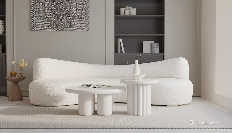 Modern White Three-Seater Sofa with Velvet Fabric Round Side Tables and Living Room Rug 3d model 