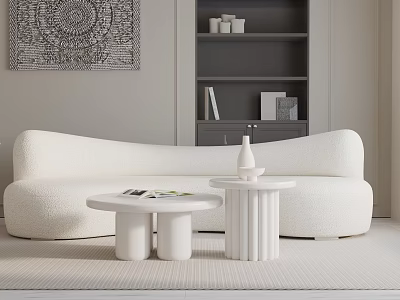 Modern White Three-Seater Sofa with Velvet Fabric Round Side Tables and Living Room Rug 3d model