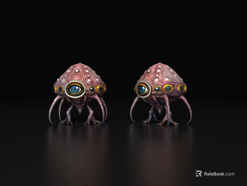 Two Pink Alien Creatures With Large Eyes And Tentacles On Black Background 3d model 