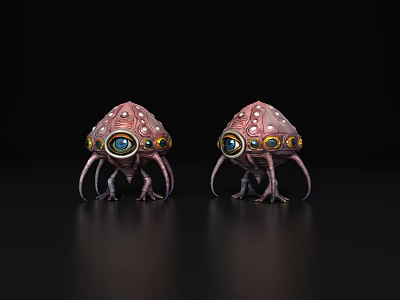 Two Pink Alien Creatures With Large Eyes And Tentacles On Black Background 3d model