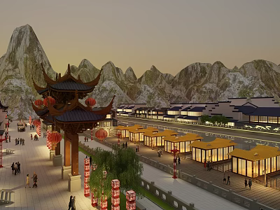 Traditional Chinese Commercial Street With Red Lanterns Yellow Shops And Mountain Backdrop At Dusk 3d model