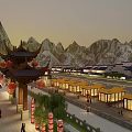 Traditional Chinese Commercial Street With Red Lanterns Yellow Shops And Mountain Backdrop At Dusk