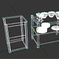 Wooden Cabinet And Multi Tiered Shelving Unit With Ceramic Bowls Plates Glassware