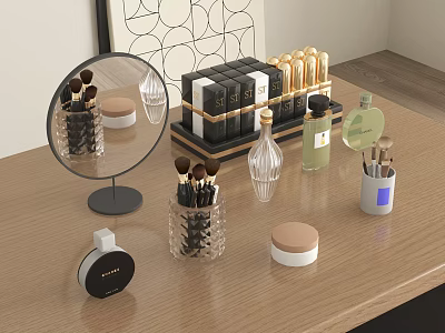 Stylish Perfumes And Cosmetics Display With Makeup Brushes And Skincare Products On Wooden Table 3d model