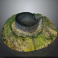 Ancient Circular Building Ruins With Black Dome Top And Green Vegetation Covered Stone Base