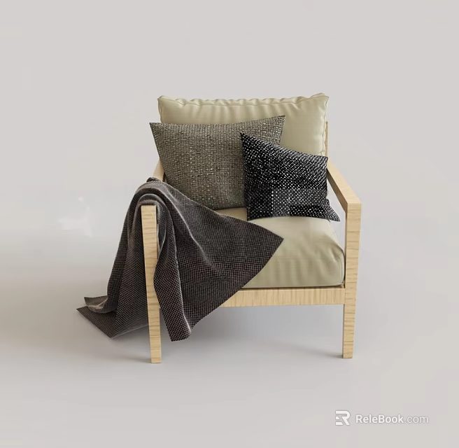 Wooden Leisure Chair With Beige Cushion Gray Textured Black Glittery Pillows And Dark Gray Blanket 3d model 