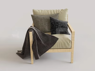 Wooden Leisure Chair With Beige Cushion Gray Textured Black Glittery Pillows And Dark Gray Blanket 3d model
