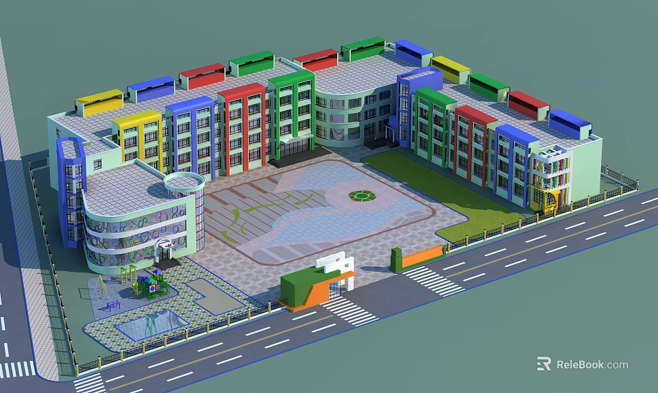 Colorful School Building Complex With Central Square Playground Area And Greenery 3d model