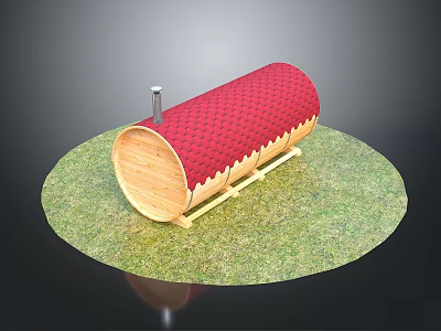 Wooden Barrel Shaped Structure With Red Checkered Roof And Metal Chimney On Green Grass 3d model