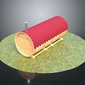 Wooden Barrel Shaped Structure With Red Checkered Roof And Metal Chimney On Green Grass