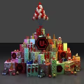 Festive Gift Stack With Colorful Boxes Red White Balloons And Red Logo 3d model