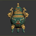 Ornamental Furniture Decorative Piece With Turquoise Gold Intricate Patterns And Lion Motifs