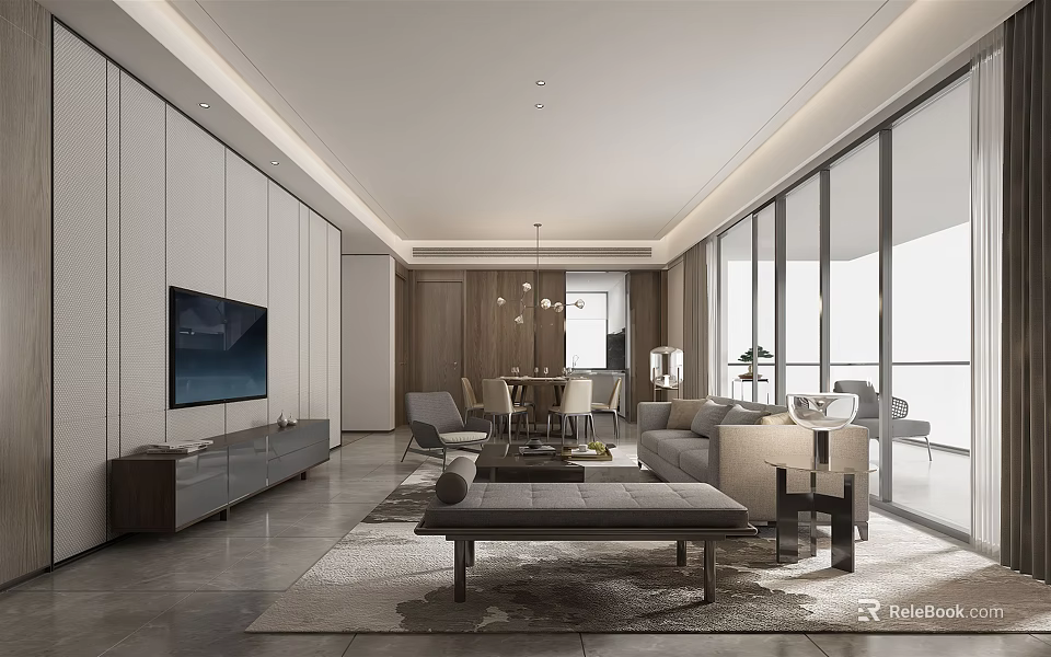 Modern Living Dining Room With Spacious Large Windows Natural Light Comfortable Sofa And Dining Table 3d model