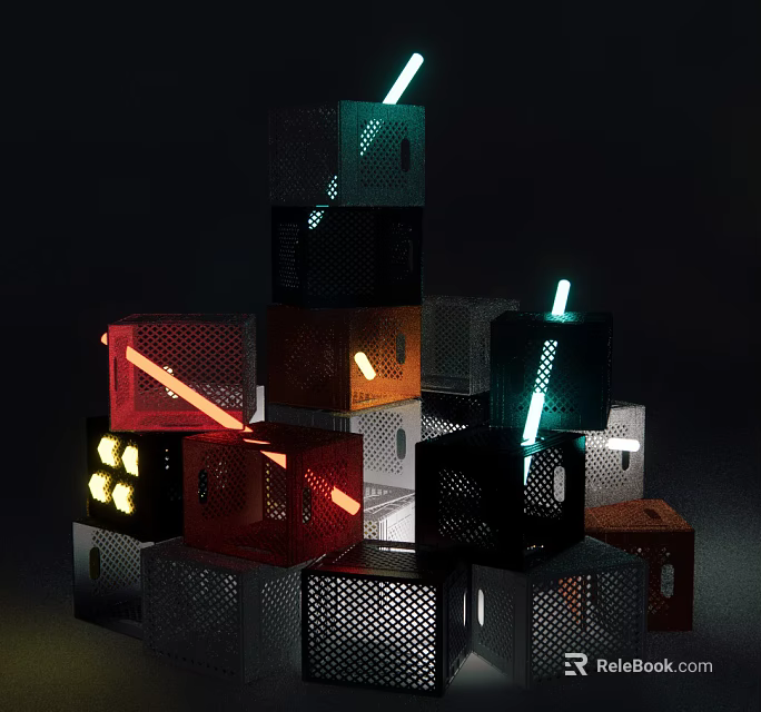 Colorful Perforated Cubes Stacked With Neon Lights Against Dark Background 3d model 