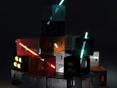 Colorful Perforated Cubes Stacked With Neon Lights Against Dark Background 3d model
