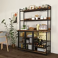 Stylish Buffet Cabinet With Metal Frame Wood Shelves Jars Plants And Wine Racks