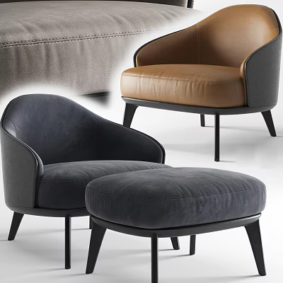Stylish Gray Velvet And Brown Leather Accent Chairs With Armrest And Black Metal Legs 3d model