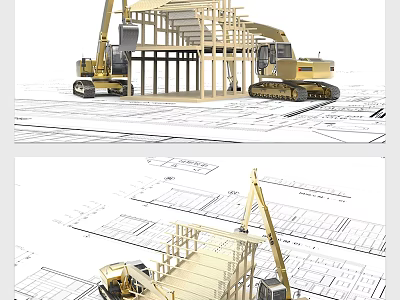 Heavy Duty Utility Vehicle Operating at Construction Site with Wooden Building Framework 3d model