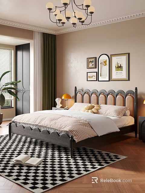 Stylish Bedroom Interior With Tufted Headboard Decorative Wall Art And Table Lamp 3d model 