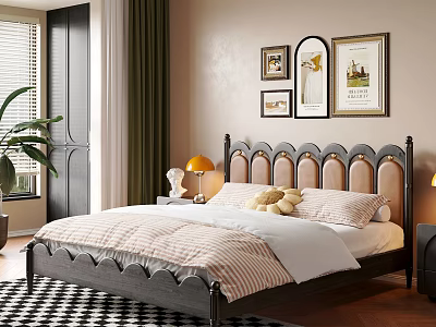 Stylish Bedroom Interior With Tufted Headboard Decorative Wall Art And Table Lamp 3d model