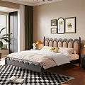 Stylish Bedroom Interior With Tufted Headboard Decorative Wall Art And Table Lamp