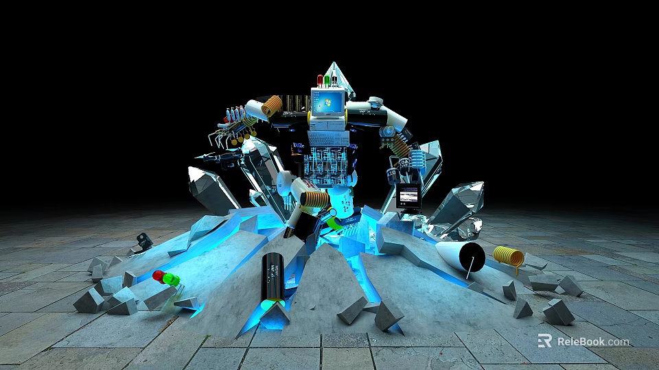 Intricate Mechanical Structure With Blue Glowing Elements Broken Stones And Scattered Metallic Parts 3d model 