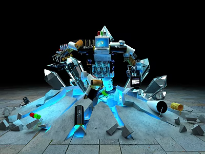 Intricate Mechanical Structure With Blue Glowing Elements Broken Stones And Scattered Metallic Parts 3d model