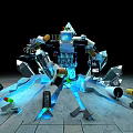 Intricate Mechanical Structure With Blue Glowing Elements Broken Stones And Scattered Metallic Parts