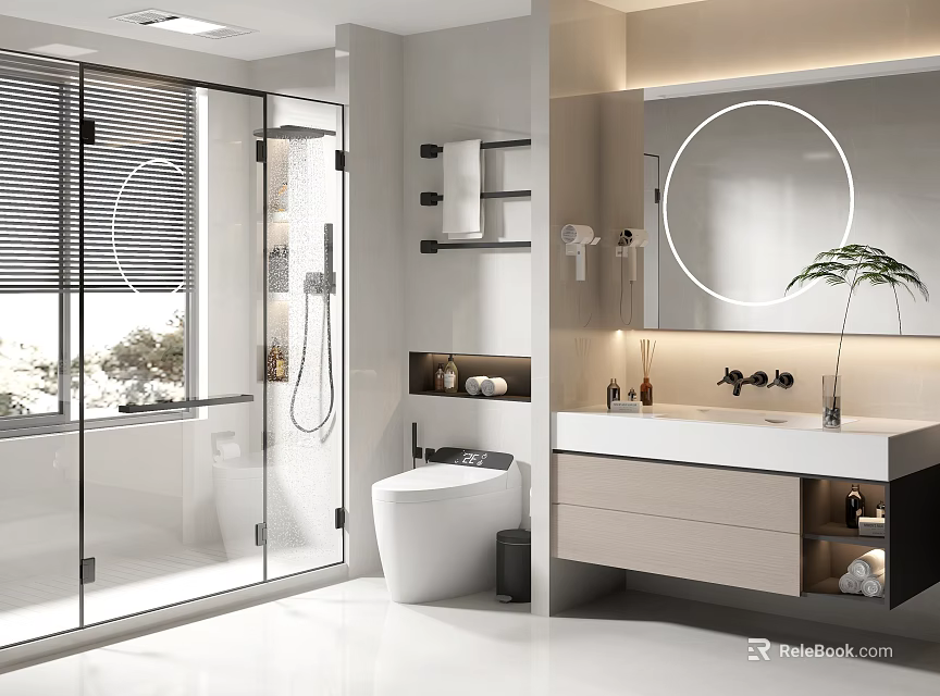 Modern Bathroom Interior Design With Glass Shower Enclosure Toilet Round Mirror And Vanity 3d model 