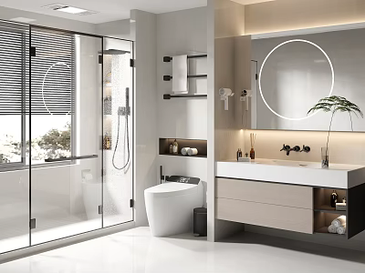 Modern Bathroom Interior Design With Glass Shower Enclosure Toilet Round Mirror And Vanity 3d model
