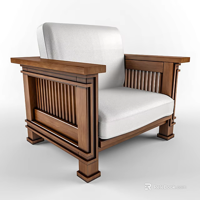 Single Sofa Featuring Wooden Frame Vertical Slats Armrests And White Cushion 3d model
