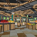 Supermarket Fresh Produce Display Area With Wooden Shelves Fruits Vegetables And Bright Lighting