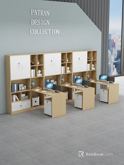 Modern Office Desks With Wooden Cabinets Open Shelves Computers And Supplies In Workspace 3d model 