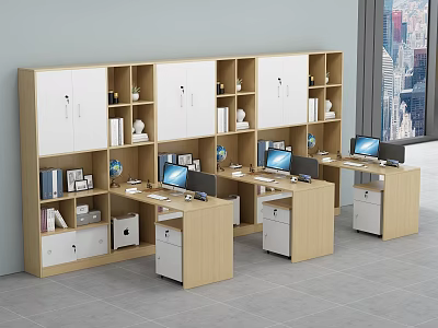 Modern Office Desks With Wooden Cabinets Open Shelves Computers And Supplies In Workspace 3d model
