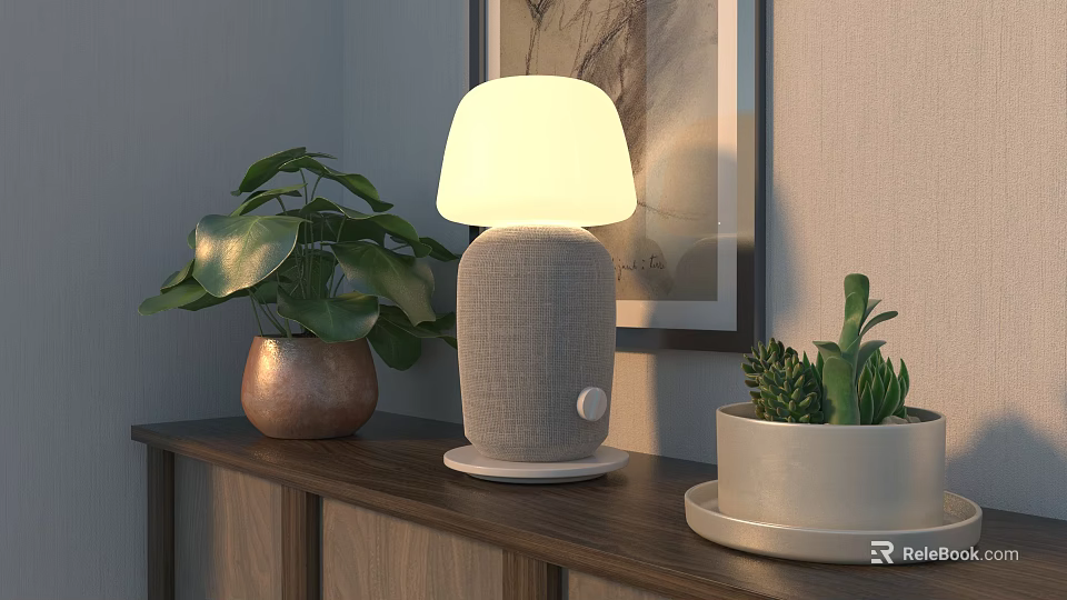 Modern Fabric Base Table Lamp With White Lampshade And Indoor Plants Near Wall Art 3d model 