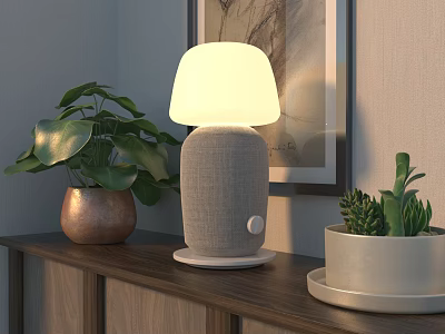 Modern Fabric Base Table Lamp With White Lampshade And Indoor Plants Near Wall Art 3d model