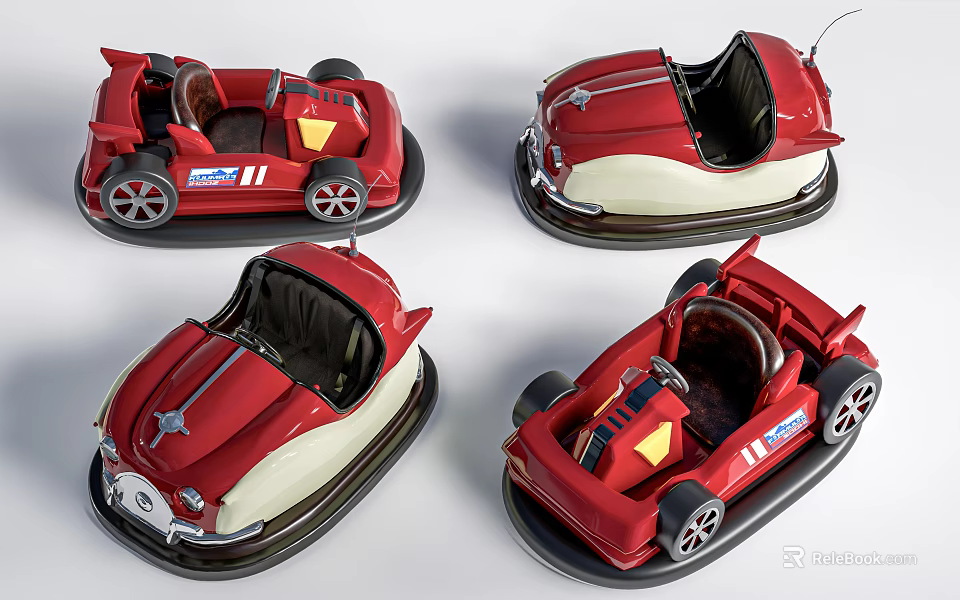 Set of Four Red Vintage Toy Cars with Open Top and Classic Design 3d model 