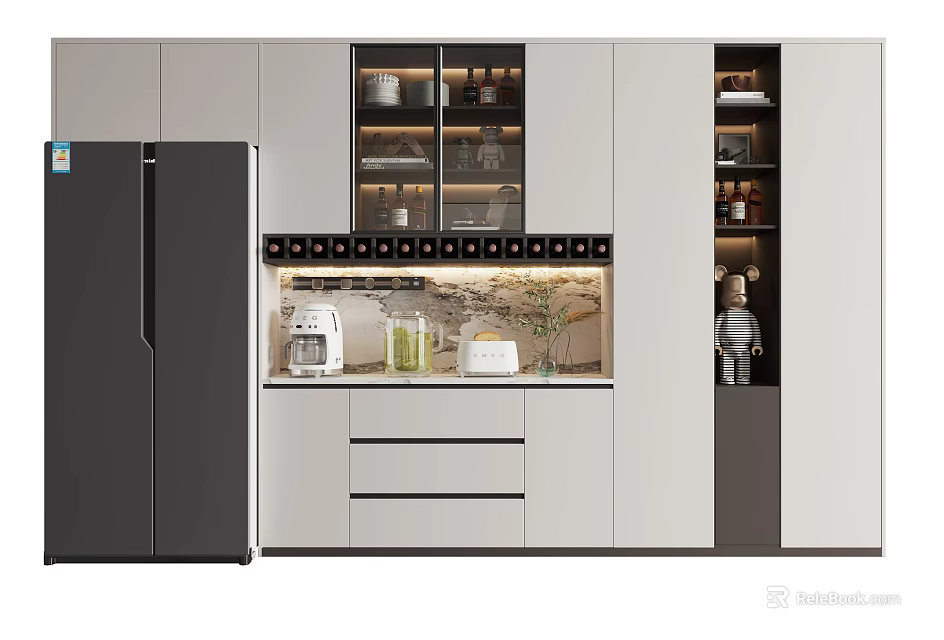 Sleek Modern Wine Cabinet With Glass Doors Lighting And Kitchen Countertop Decor 3d model 