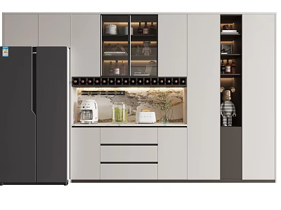 Sleek Modern Wine Cabinet With Glass Doors Lighting And Kitchen Countertop Decor 3d model