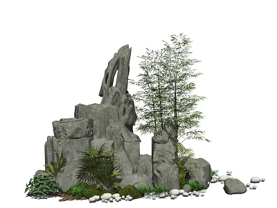 Garden Ornament With Stacked Rock Formation Trees Pebbles And Green Plants 3d model