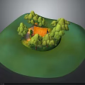 Lush Green Natural Landscape With Small Orange Roof House And Surrounding Trees