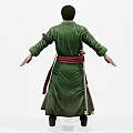 Warrior Game Movie Character Wearing Green Long Coat Red Belt And Sword