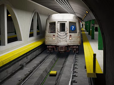 Subway Tunnel Platform With Train Number 7 Yellow Safety Lines And Green Pillars 3d model