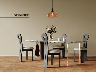 Modern Dining Table Set with Marble Top Curved Back Chairs Hanging Pendant Light Flower Vase 3d model